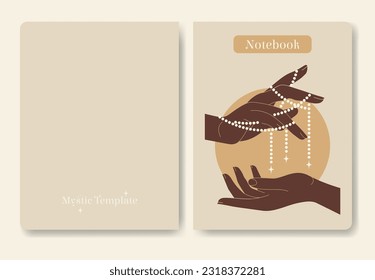 Sun with hand holding jewelry template for notebook. Witchcraft and wizardry