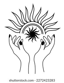 Sun in hand isolated on a white background. Composition in celestial style.
