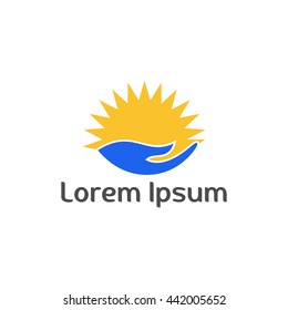 Sun in hand logo. Organic Life symbol. Sunny, life, eco, save nature.