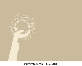 sol en mano sobre fondo marrón, ilustración vectorial