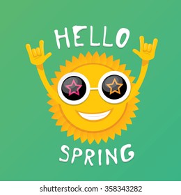 Sun hand rock n roll icon vector illustration. Spring or summer Rock concert poster design template or greeting card. Hello spring