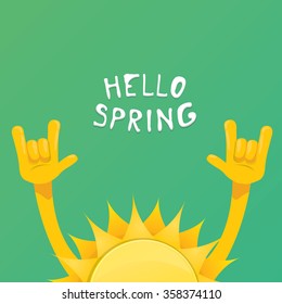 Sun Hand Rock n Roll Symbol Vektorgrafik. Frühling oder Sommer Rock Konzert Poster Design Vorlage oder Grußkarte. Hallo-Frühling