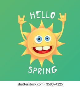 Sun hand rock n roll icon vector illustration. Spring or summer Rock concert poster design template or greeting card. Hello spring
