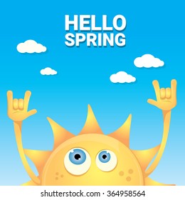 Sun hand rock n roll icon vector illustration. Spring or summer Rock concert poster design template or greeting card. Hello spring