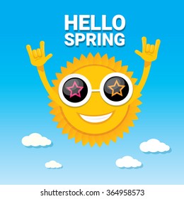 Sun hand rock n roll icon vector illustration. Spring or summer Rock concert poster design template or greeting card. Hello spring