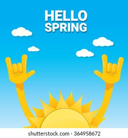 Sun hand rock n roll icon vector illustration. Spring or summer Rock concert poster design template or greeting card. Hello spring