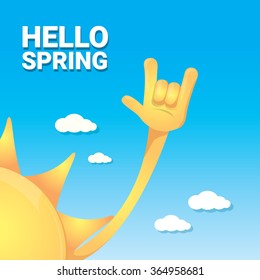 Sun hand rock n roll icon vector illustration. Spring or summer Rock concert poster design template or greeting card. Hello spring