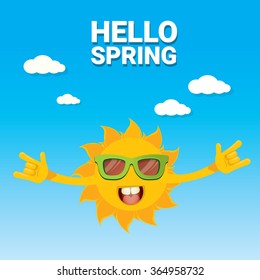 Sun hand rock n roll icon vector illustration. Spring or summer Rock concert poster design template or greeting card. Hello spring