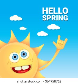 Sun hand rock n roll icon vector illustration. Spring or summer Rock concert poster design template or greeting card. Hello spring