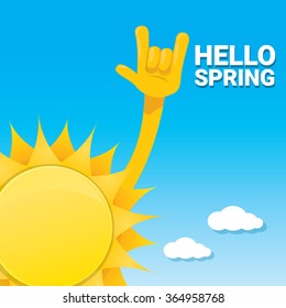 Sun hand rock n roll icon vector illustration. Spring or summer Rock concert poster design template or greeting card. Hello spring