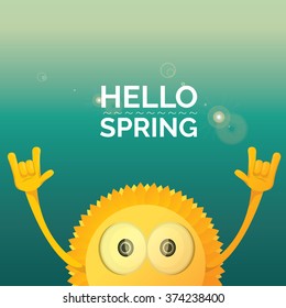 Sun hand rock n roll icon vector illustration. Hello Spring or summer Rock concert poster design template or greeting card