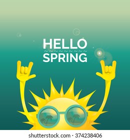 Sun hand rock n roll icon vector illustration. Hello Spring or summer Rock concert poster design template or greeting card