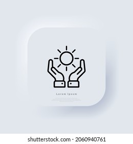 Sun in hands line icon in black. Neumorphic UI UX white user interface web button. Neumorphism. Vector EPS 10.