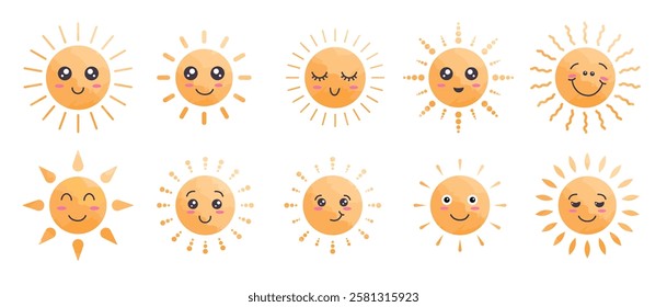 Sun happy characters drawing clipart set. Sun emoticon icon clip art in smiling, funny, playful and cheerful cute face graphic elements collection vector illustration. 
