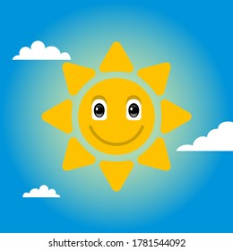 sun with happy face, blue sky with clouds 
