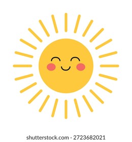 Sun with happy face. Bright smiling yellow sun with pink cheeks. Cheerful design for kids, summer or beach party, weather, baby shower, nursery. Flat vector illustration isolated