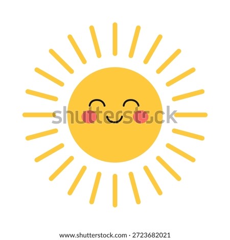 Sun with happy face. Bright smiling yellow sun with pink cheeks. Cheerful design for kids, summer or beach party, weather, baby shower, nursery. Flat vector illustration isolated
