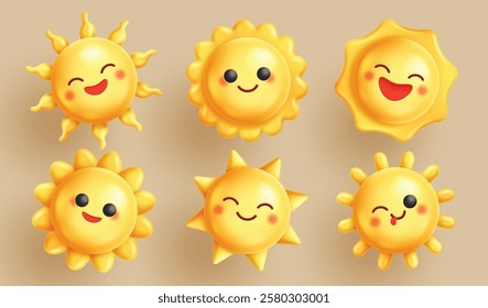 Sun happy face clip art set. Yellow 3d sun clip art in happy, cheerful and cute facial expressions vector illustration summer emoticon collection.
