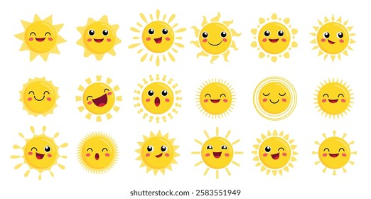 Sun happy face clipart set. Sunshine emoticon characters in cute yellow drawing clip art with different rays collection vector illustration. 