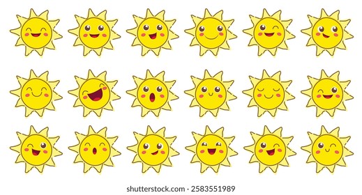 Sun happy face clipart set. Sunshine outline emoticon characters in yellow drawing clip art collection for summer icon and symbol vector illustration. 