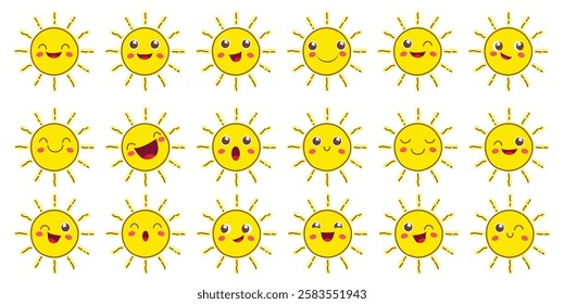 Sun happy face outline clipart set. Sunshine emoticon cute drawing characters clip art in funny and cheerful facial expression graphic elements collection vector illustration. 