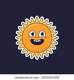 sun with happy face, vintage cartoon character, vector sticker on dark