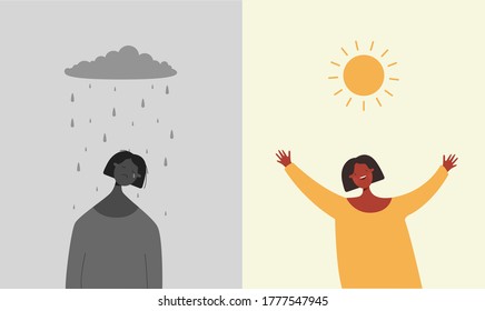 Sun is happy rain sad illustration  Character is sad when it rains   depressive weather rejoices when sun shines brightly two bipolar flat opposites psychological vector mood swings 