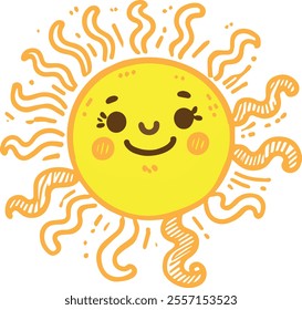 The sun has a friendly face with large, dark eyes, rosy cheeks, and a wide smile.