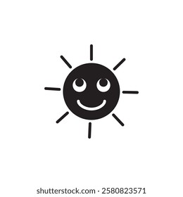 The sun has a smiling face with two black eyes and a curved mouth, giving it a cheerful expression. 