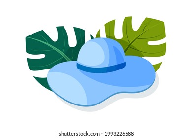 Sun hat, blue on a background of tropical monstera leaves.