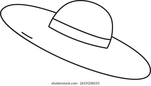 A sun hat is depicted in a minimalist line drawing style.  The headwear is shown at an angle,  with a simple band. Cartoon vector illustration