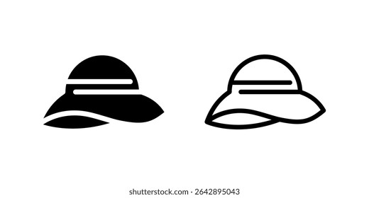 Sun Hat Icon Set. A black icon of a sun hat, representing sun protection.
