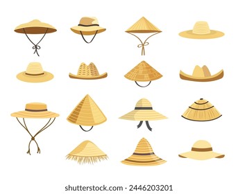 Sun hat set. Different straw farmer hats, vector illustration. Summer gardening or beach accessory.