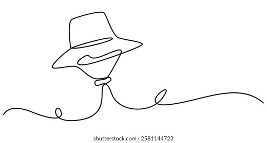 Sun Hat Single Line Icon, Boater Hat Continuous Line Icon, Women's sun hat in continuous line art drawing style. Women's summer hat minimalistic black linear design isolated on white background. pro.