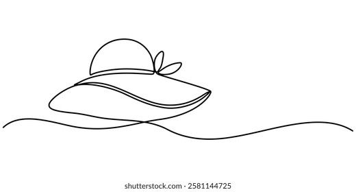 Sun Hat Single Line Icon, Boater Hat Continuous Line Icon, Women's sun hat in continuous line art drawing style. Women's summer hat minimalistic black linear design isolated on white background. pro.