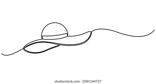 Sun Hat Single Line Icon, Boater Hat Continuous Line Icon, Women's sun hat in continuous line art drawing style. Women's summer hat minimalistic black linear design isolated on white background. pro.