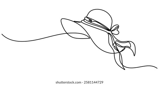 Sun Hat Single Line Icon, Boater Hat Continuous Line Icon, Women's sun hat in continuous line art drawing style. Women's summer hat minimalistic black linear design isolated on white background. pro.