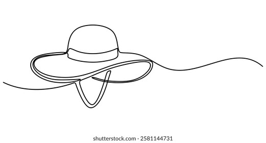 Sun Hat Single Line Icon, Boater Hat Continuous Line Icon, Women's sun hat in continuous line art drawing style. Women's summer hat minimalistic black linear design isolated on white background. pro.