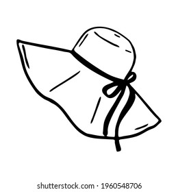 Sun hat vector hand-drawn . Black outline drawing isolated on white background, summer beach theme