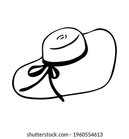 Sun hat vector hand-drawn . Black outline drawing isolated on white background, summer beach theme