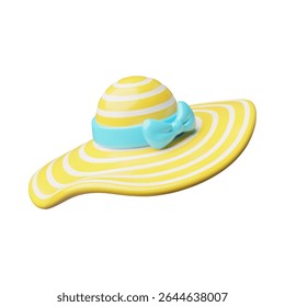 Sun hat with yellow stripes and a blue bow 3D style icon. Panama or female summer bucket hat. Head accessory, headwear protect from the sun. Vector render illustration isolated on white