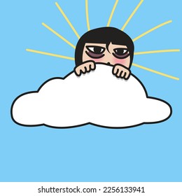 The Sun Head Girl Is Shy And Hides Behind The Clouds. Not A Morning Person Concept Card Character illustration