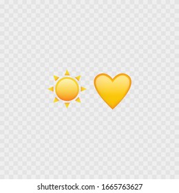 Sun And Heart Emojis. Love Heart Emoji. Yellow Icons. Vector