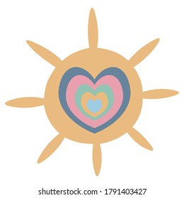 Sun and heart. Heavenly body. Vector illustration. Isolated white background. Boho style. Ethnic motives. Rainbow print. Template for advertising, banner, poster, content, web design, children room.