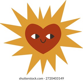 Sun heart mascot icon, cute red heart with smiling face and yellow sun rays, romantic warmth and happiness symbol, isolated vector illustration