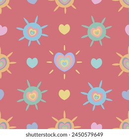 Sun and heart. Seamless vector pattern. Cute colorful symbols. Endless shining ornament. Isolated pink background. Idea for web design.