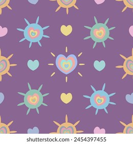 Sun and heart. Seamless vector pattern. Cute colorful symbols. Endless shining ornament. Isolated purple background. Idea for web design.