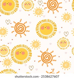 Sun and hearts , seamless kids pattern. Vector illustration.