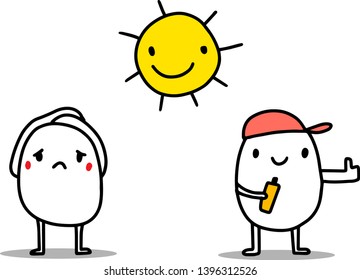 Sun heat and protection summer hand drawn illustration with catoon men. Vector minimalism style