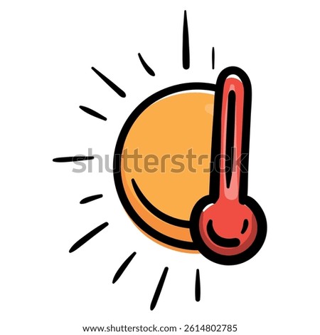 Sun, heat, temperature. Weather forecast icon. Vector illustration for print, sticker, app. Hand drawn sign, symbol isolated on white background
